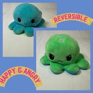 Teeturtle Reversible Octopus Plush Blue Green Sad Frown Angry Happy Smile